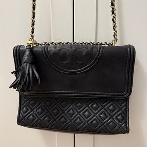 Tory Burch Large Black Matte Fleming Quilted Convertible Leather Shoulder Bag